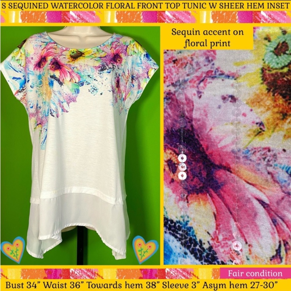 S WHITE TUNIC W WATERCOLOR FLORAL&SEQUIN DET SEMI SHEER HEM *Preowned/some wear*